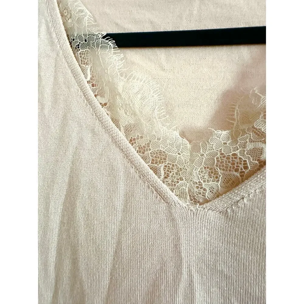 ADRIANNA PAPELL Romantic Blush Pink Lace Trim Knot Top Tunic Sweater - Sz XL - Picture 4 of 7